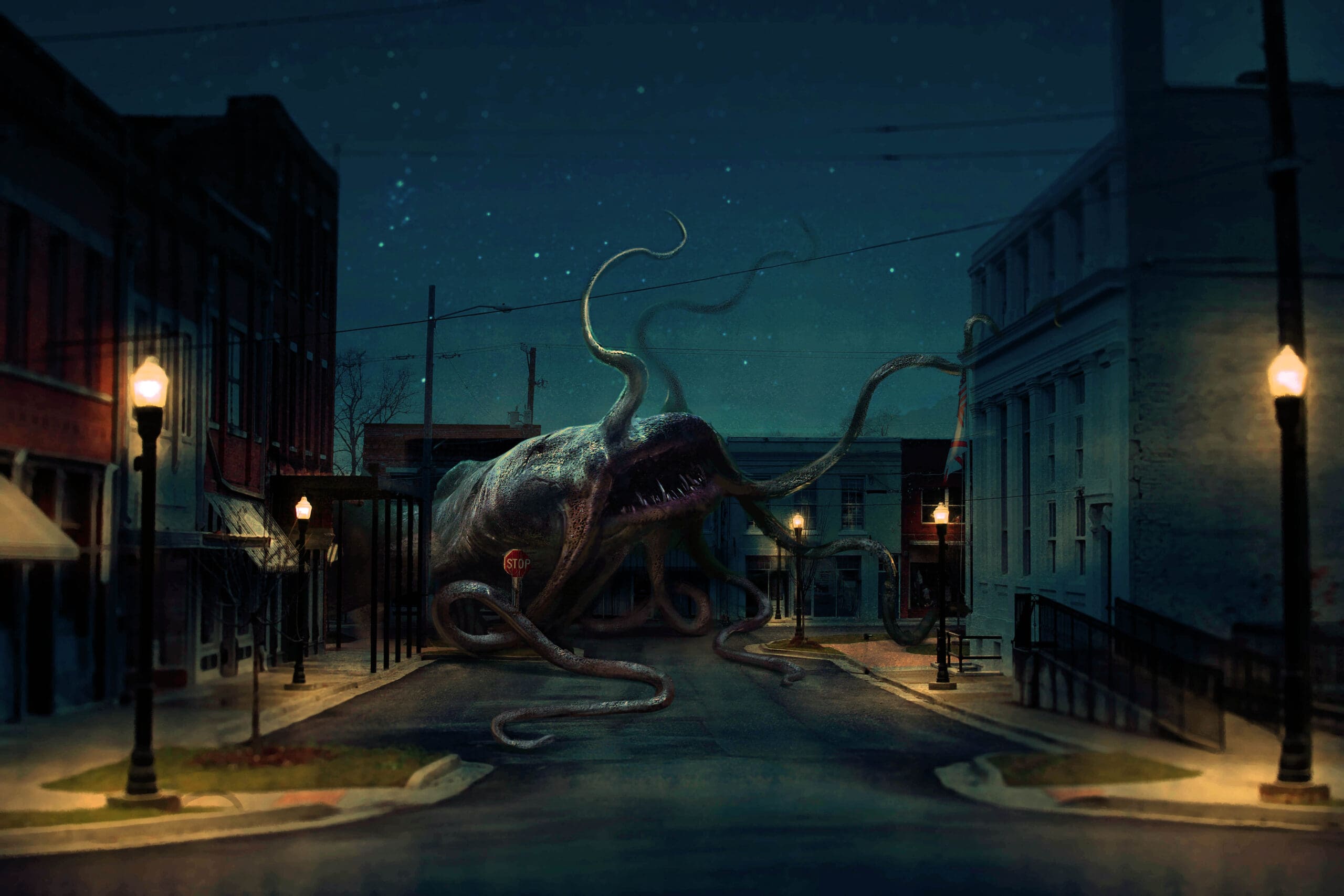 A comic book image of an enormous monster catfish moving down a street.