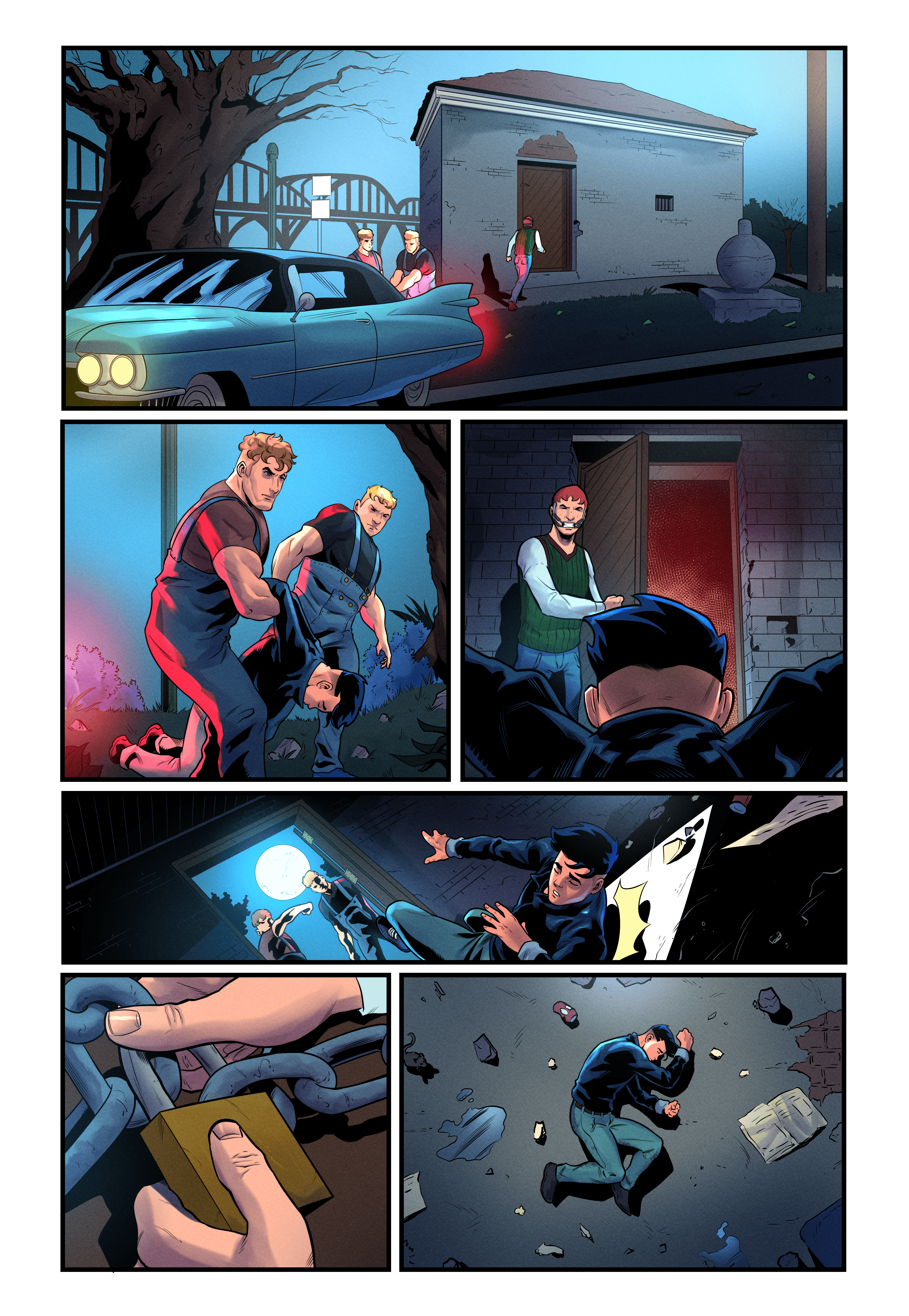 A page from the comic StarFell. A character is thrown inside a small brick building.