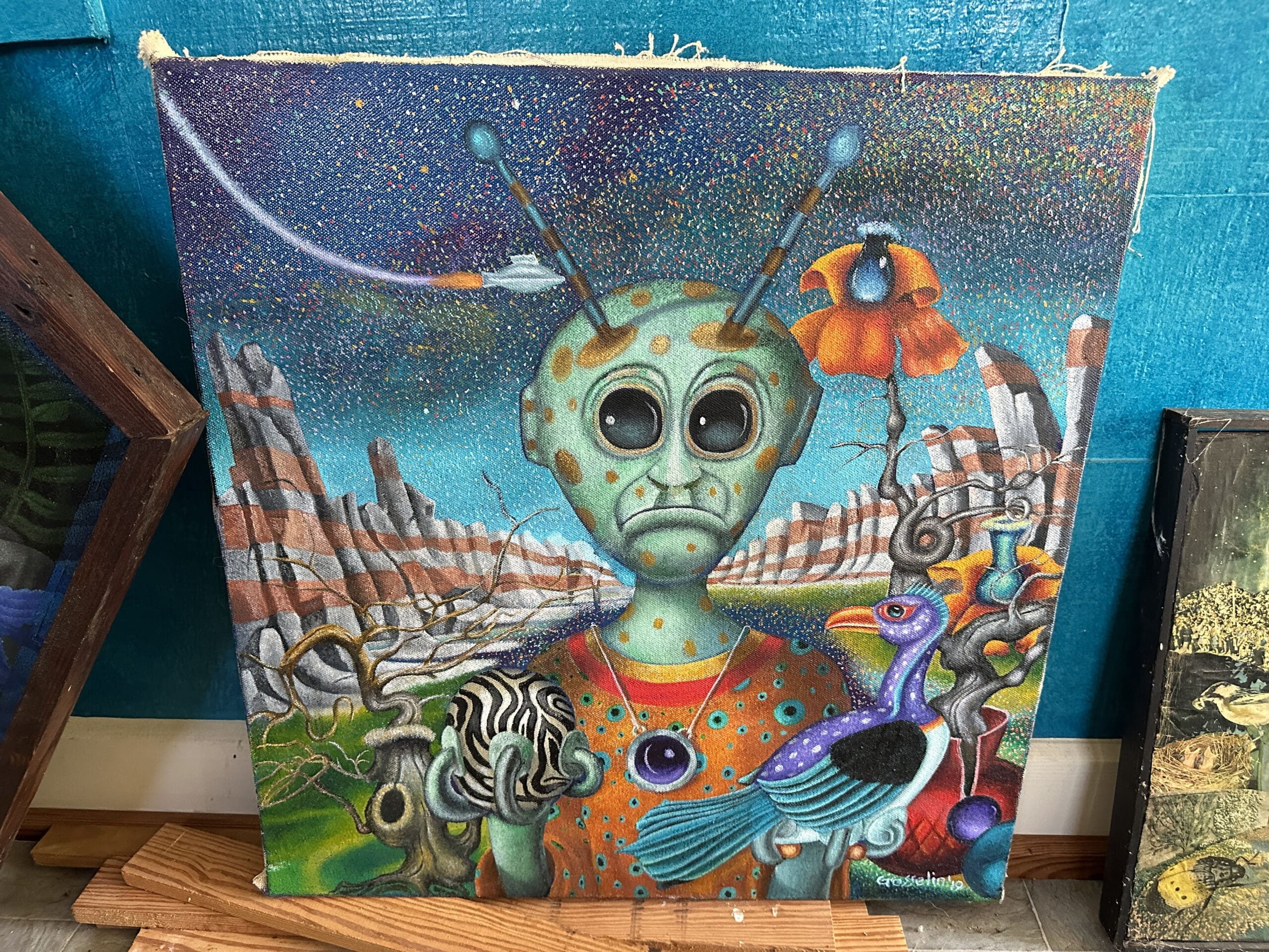 A psychedelic painting of an alien confusedly holding a purple bird in his left hand and a black-and-white striped egg in his right.